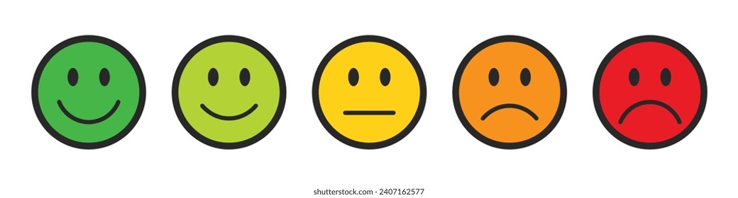 Rating emojis set in different colors with black outline. Feedback emoticons collection. Very happy, happy, neutral, sad and very sad emojis. Flat icon set of rating and feedback emojis icons.