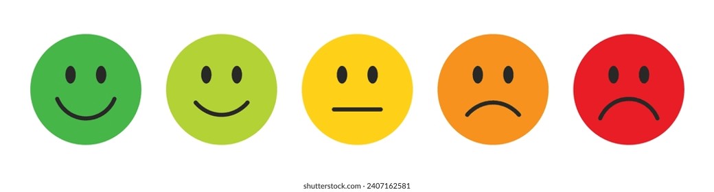 Rating emojis set in different colors. Feedback emoticons collection. Very happy, happy, neutral, sad and very sad emojis. Flat icon set of rating and feedback emojis icons in various colors.