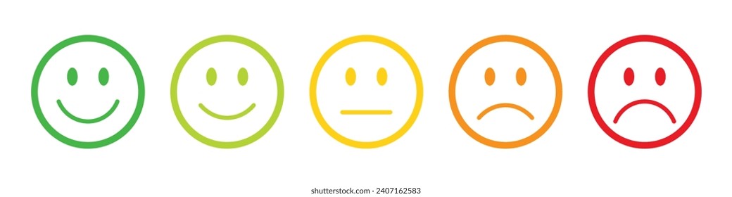 Rating emojis set in different colors outline. Feedback emoticons collection. Very happy, happy, neutral, sad and very sad emojis. Flat icon set of rating and feedback emojis icons color outline.