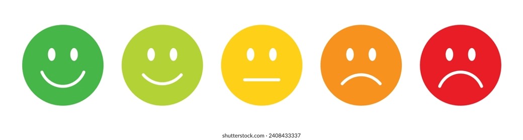 Emojis de clasificación ambientados en diferentes colores. Recopilación de emoticonos de retroalimentación. Muy felices, felices, neutrales, tristes y muy tristes emojis. Juego plano de iconos de emojis de valoración y retroalimentación en varios colores.