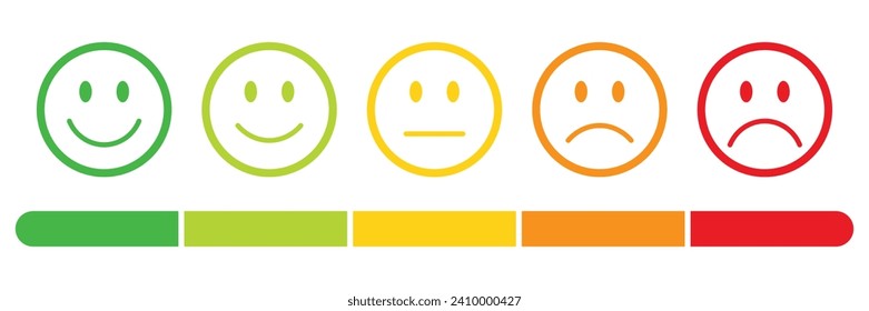 Rating emojis set in different colors outline with a rating scale. Feedback emoticons collection, Very happy, happy, neutral, sad and very sad emojis with a rating review measuring scale.