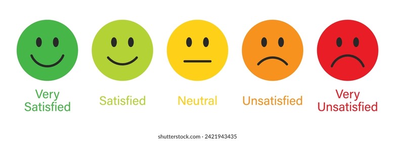 Rating emojis set in different colors. Feedback emoticons collection. Very satisied, satisfied, neutral, unsatisfied emoji icons. Flat icon set of rating and feedback emojis icons in various colors.