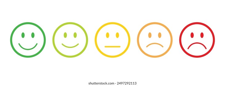 rating emojis set in different colors outline, feedback emoticons collection, very happy, happy, bad and very bad emojis, sad and very sad emojis, emoji