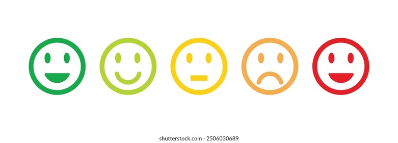  rating emojis set in different colors outline, feedback emoticons collection, very happy, happy, bad and very bad emojis, sad and very sad emojis, emoji icons