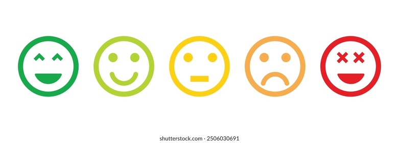  rating emojis set in different colors outline, feedback emoticons collection, very happy, happy, bad and very bad emojis, sad and very sad emojis, emoji icons