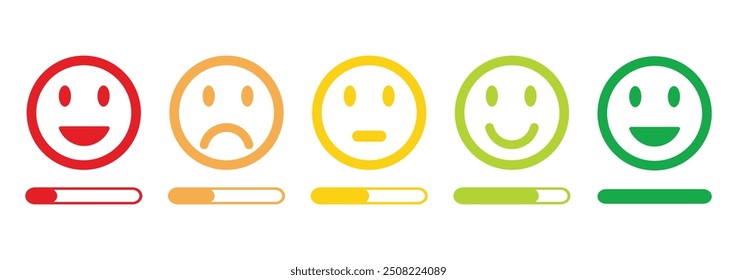  emojis de classificação definido em diferentes cores outline, coleção de emoticons de feedback, emojis felizes, neutros, tristes e muito tristes, ícone plano conjunto de classificação e ícones emojis de feedback contorno de cor