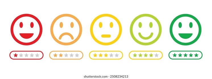 emojis de classificação definidos em diferentes cores outline, coleção de emoticons de feedback, emojis felizes, neutros, tristes e muito tristes, ícone plano conjunto de emojis de avaliação e feedback