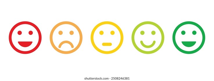 emojis de classificação definidos em diferentes cores outline, coleção de emoticons de feedback, emojis tristes e muito tristes, ícone plano conjunto de ícones emojis de avaliação e feedback 