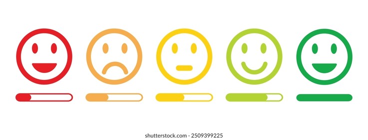  classificação emojis definido em diferentes cores outline, feedback emoticons coleção, emojis felizes, neutro, triste e muito triste