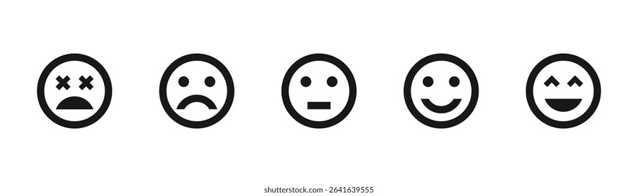Rating emojis set. Feedback emoticons collection. Very happy, happy, neutral, sad and very sad emojis. Rating and feedback emojis icon set.