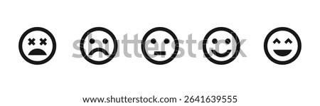 Rating emojis set. Feedback emoticons collection. Very happy, happy, neutral, sad and very sad emojis. Rating and feedback emojis icon set.