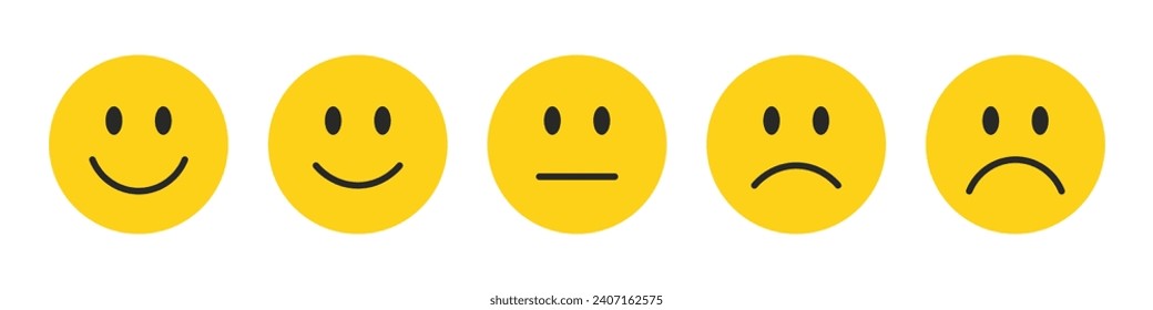 Emojis de clasificación ambientados en color amarillo. Recopilación de emoticonos de retroalimentación. Muy felices, felices, neutrales, tristes y muy tristes emojis. Juego plano de iconos de emojis de clasificación y retroalimentación en color amarillo.