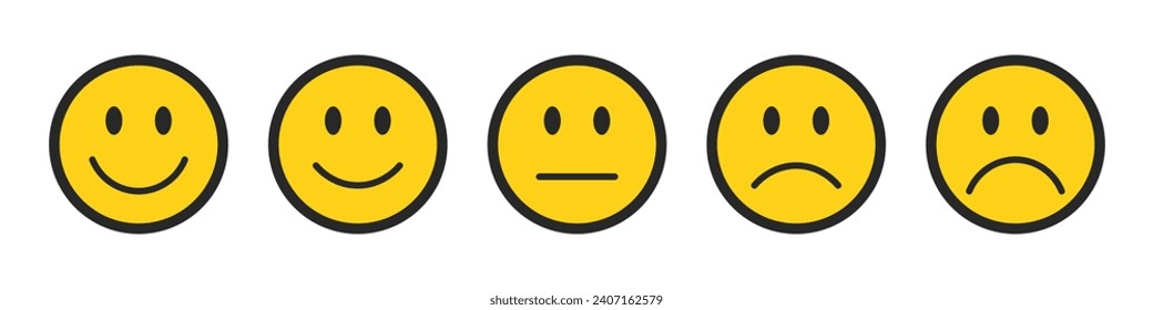 Rating emojis set in yellow color with black outline. Feedback emoticons collection. Very happy, happy, neutral, sad and very sad emojis. Flat icon set of rating and feedback emojis icons.