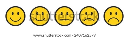 Rating emojis set in yellow color with black outline. Feedback emoticons collection. Very happy, happy, neutral, sad and very sad emojis. Flat icon set of rating and feedback emojis icons.