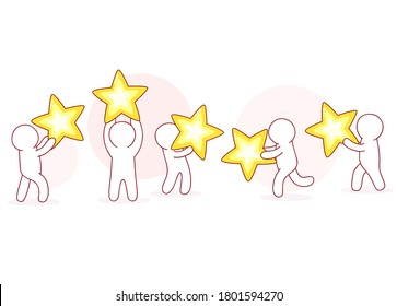Rating experience concept. Customer service evaluation form. Five white little mans with stars. Customer review feedback of quality and service. Ranking bar for user vote. Vector EPS8