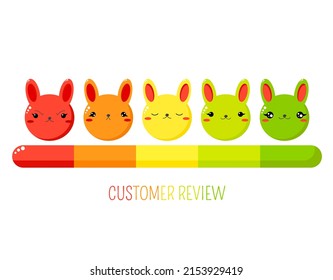 Rating experience concept. Customer service evaluation form with cute bunnies faces and rating scale. Customer review feedback of quality and service. Vector emoji symbol and ranking bar for user vote