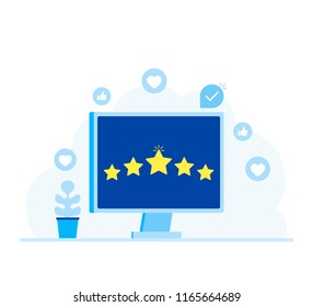 Rating, feedback, comments design concept. Computer screen with stars. Modern flat style vector illustration.