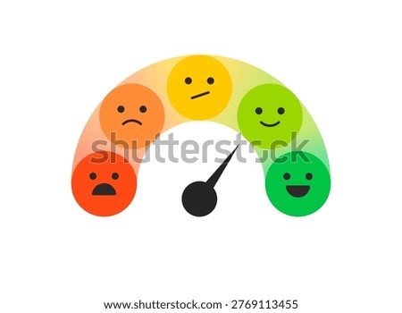 Rating and feedback gauge meter scale with emoticons for customer satisfaction survey and performance evaluation. Colorful indicator modern vector illustration.