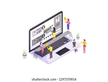 Rating and feedback isometric vector illustration. Customer loyalty program. Client satisfaction 3d concept. User reviews and opinion. Marketing campaign. Website ranking isolated clipart