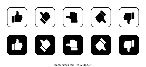 Rating and feedback scale thumb on black square. Excellent, good, average, poor, bad review icon