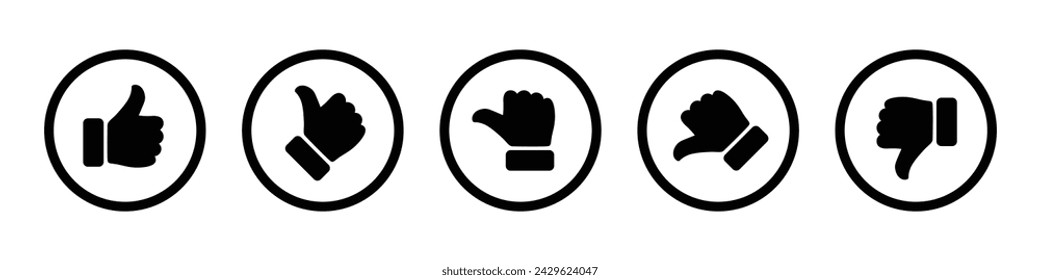 Rating and feedback scale with thumb symbol black circle outline. Excellent, good, average, poor, bad rating thumb icon set. Satisfied dissatisfied review, vote and survey icon set.