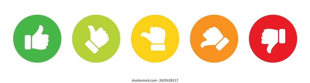 Rating and feedback scale with thumb symbol in green, yellow and red color. Excellent, good, average, poor, bad rating thumb icon set. Satisfied, dissatisfied and neutral icons for surveys and voting.