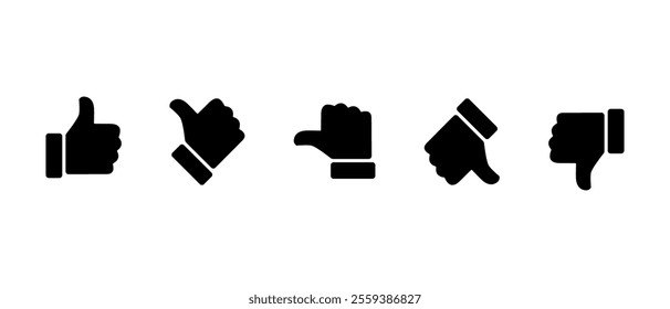 Rating and feedback scale with thumb symbol. Excellent, good, average, poor, bad review icon set