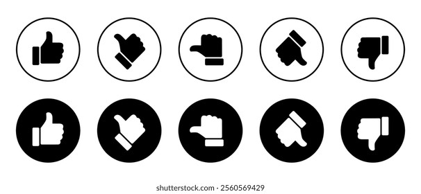 Rating and feedback scale with thumb symbol on black circle. Excellent, good, average, poor, bad review icon