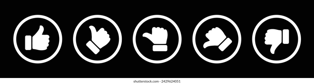 Rating and feedback thumb symbol set in white circle outline. Satisfied, unsatisfied, neutral review icon set for voting and surveys. Excellent, good, average, poor, bad rating thumb icon set.