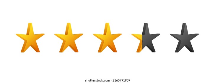Rating five stars. 3d vector gold stars to indicate the rating of products or films.	