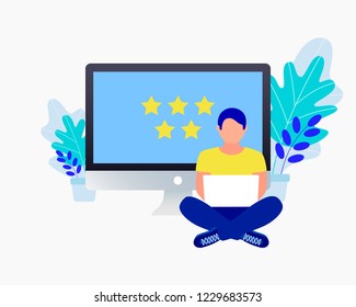 Rating flat concept. Man puts a rating of 5 stars near a laptop. Trendy flat design. Vector illustration.
