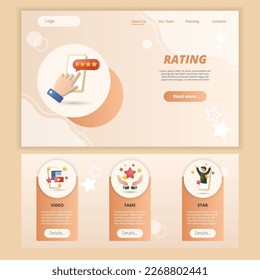 Rating flat landing page website template. Video, fame, star. Web banner with header, content and footer. Vector illustration.