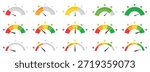 Rating gauge set with colored performance meters and star indicators. Flat design elements showing different satisfaction and quality levels