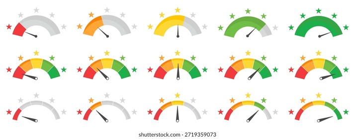 Calibrador de clasificación con medidores de rendimiento de colores e indicadores de estrellas. Elementos de diseño planos que muestran diferentes niveles de satisfacción y calidad