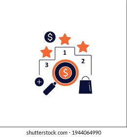 Bewertung der Glyphe Symbol. Bewerten Sie wichtige Dinge. Finden Sie perfekte Produkte. Geschätzt.Umsichtige Ausgaben Geld. Achtsames Ausgabekonzept. Volles Flachzeichen. Isolierte Silhouette, Vektorgrafik