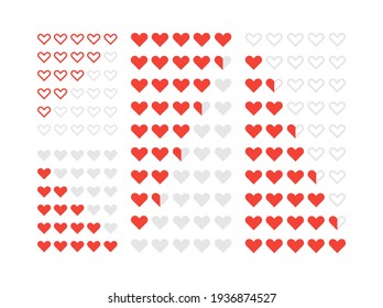 Rating heart icons set. Vector illustration. Red heart shape from one to five. Feedback evaluation with red heart shape.