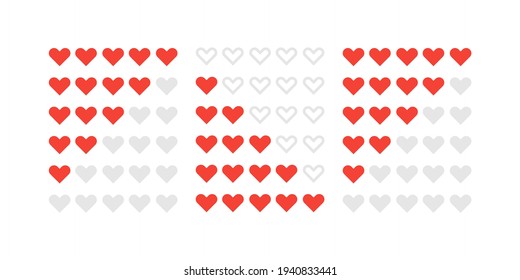 Rating. Heart icons set. Vector illustration. Red sign heart from one to five. Feedback evaluation.