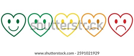 rating heart shape emojis set in different colours outline, feedback emoticons collection, very happy, happy, bad and very bad emojis, sad and very sad emojis, emoji icons