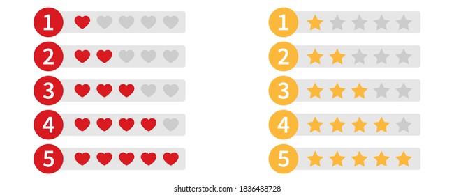 Rating Heart And Star Icons. Yellow And Red Ranking Template. Isolated Review Classification On White Background. Red Heart Shape From One To Five. Feedback Evaluation With Yellow Stars Shape. EPS 10