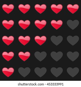 Rating hearts panel. Customer review, vote navigation bar. Vector satisfaction, like level symbol