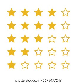 Ícone de classificação, conjunto de classificação de 5 estrelas, conjunto de classificação de estrela dourada, isolado no fundo branco, conjunto de classificação melhor uso para aplicativos da Web e móveis