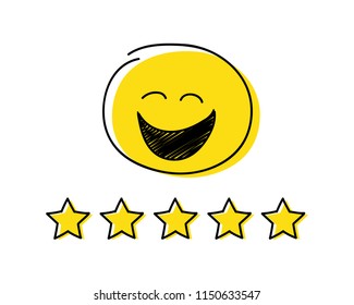 Rating icon - five stars. Yellow coloured happy stickman. Vector.