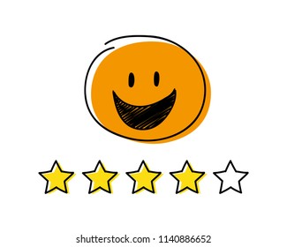 Rating icon - four stars. Orange coloured happy stickman. Vector.
