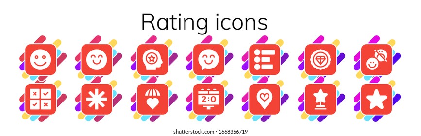 rating icon set. 14 filled rating icons.  Simple modern icons such as: Happy, Feedback, Star, Favorite, Emotions, Scoreboard, Premium, Happiness