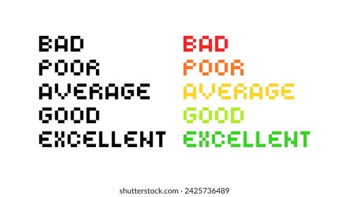 Rating icon set. Bad, Poor, Average, Good, Excellent ratings. Silhouette and flat style. Vector icons