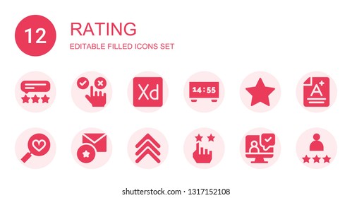 rating icon set. Collection of 12 filled rating icons included Satisfaction, Feedback, Experience, Scoreboard, Rate, Favorites, Favorite, Rank, Testimonial, Score, Rating