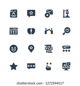 rating icon set. Collection of 16 filled rating icons included Testimonial, Rate, Review, Satisfaction, Feedback, Favourite, Happy, Favorites, Relationship, Experiment, Favorite