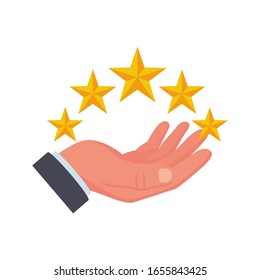 Rating icon. Star vector illustration flat design. Feedback concept. Evaluation system. Positive review.  Isolated on background. Quality work. People puts five stars.