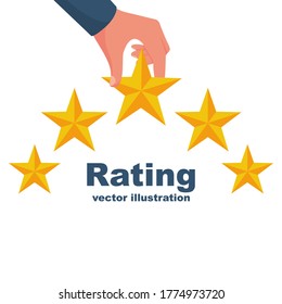 Rating icon. Star vector illustration flat design. Feedback concept. Evaluation system. Positive review.  Isolated on background. Quality work. People puts five stars.