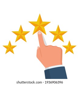 Rating icon. Star vector illustration flat design. Feedback concept. Evaluation system. Positive review.  Isolated on background. Quality work. Man's finger points to the star.